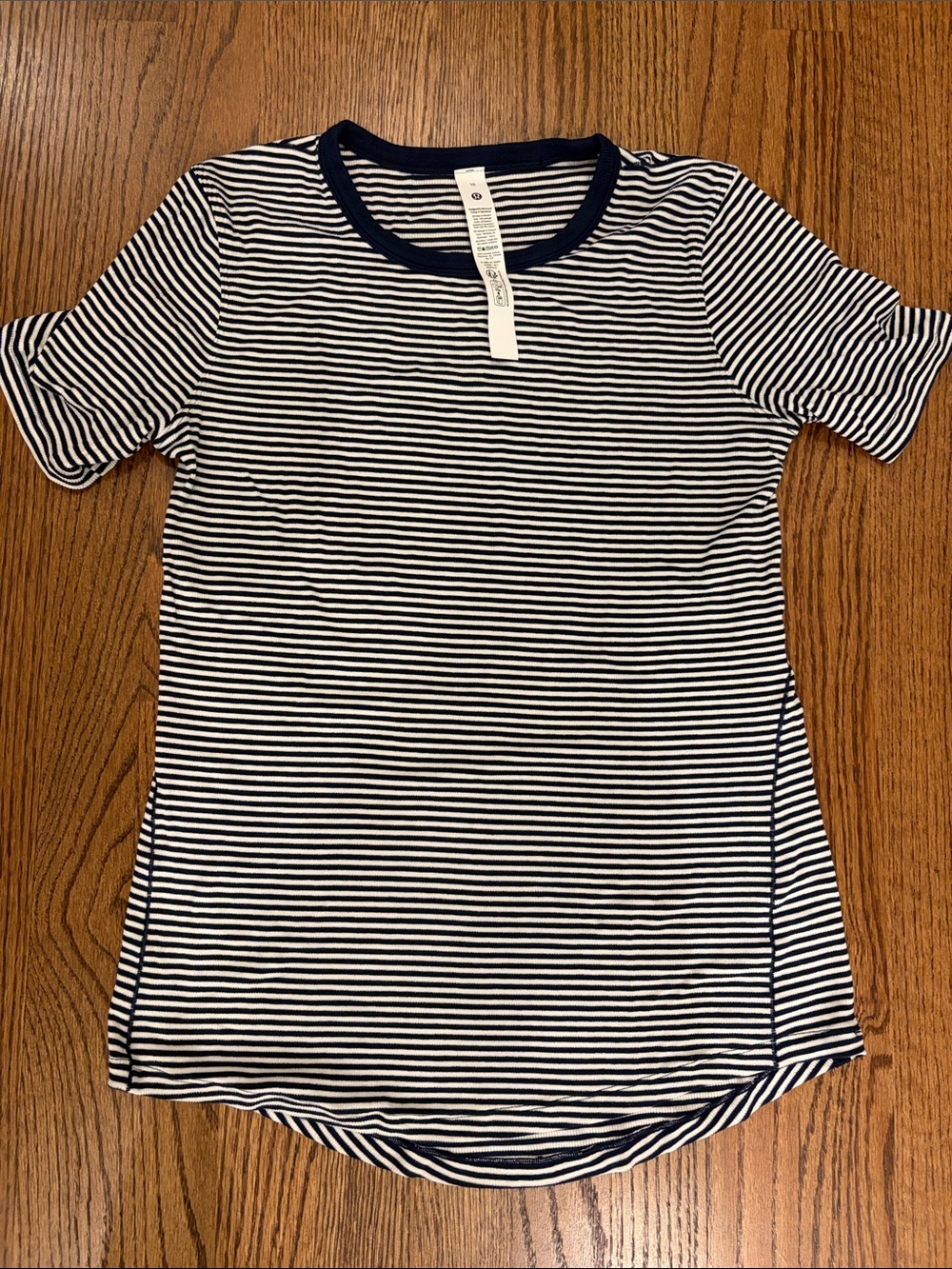 lululemon athletica Navy and White Striped Short Sleeve Tee